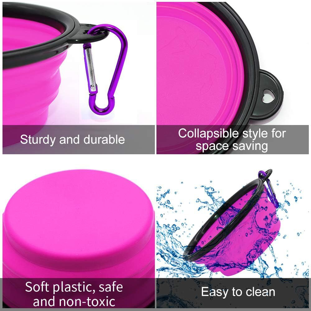 Collapsible Dog Bowls - 2-Pack Portable Pet Feeding and Watering Dishes for Cats and Dogs, Ideal for Travel and Outdoor Activities, Includes 2 Carabiners (Small, Green & Purple)