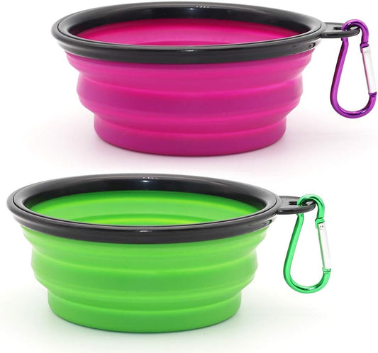 Collapsible Dog Bowls - 2-Pack Portable Pet Feeding and Watering Dishes for Cats and Dogs, Ideal for Travel and Outdoor Activities, Includes 2 Carabiners (Small, Green & Purple)
