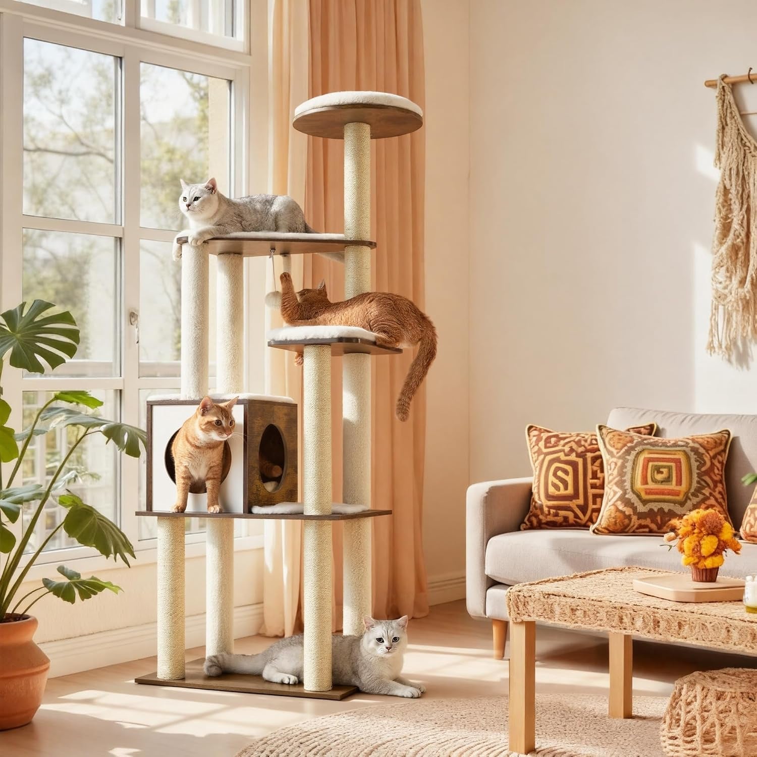 64.6-Inch Multi-Level Cat Tree Tower with Five Scratching Posts