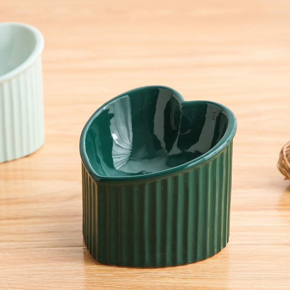 Dark Green Ceramic Elevated Cat Bowls for Food and Water, Stress-Free Design with Backflow Prevention, Dishwasher and Microwave Safe, Lead and Cadmium Free