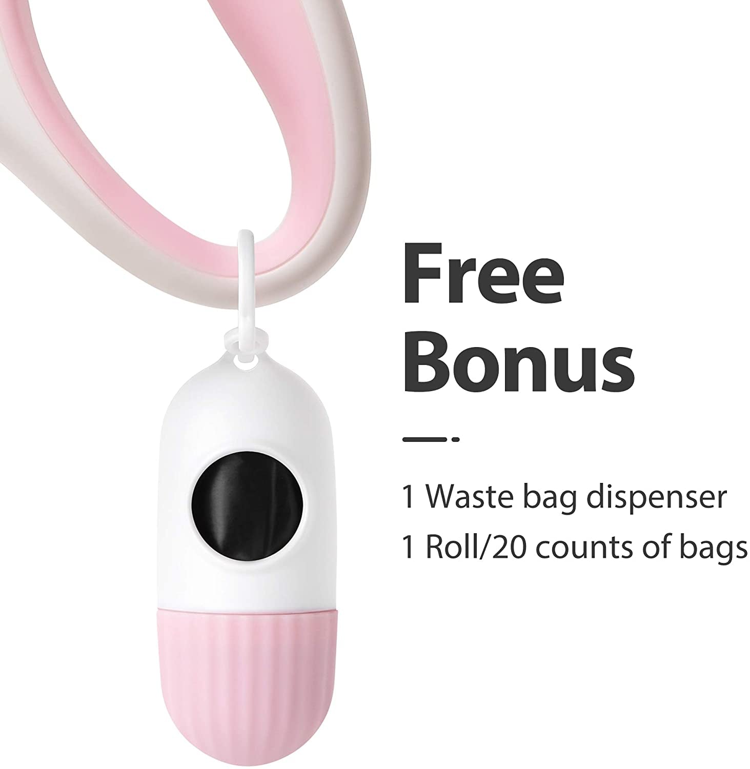 Retractable 10ft Dog Leash with Integrated Dispenser and Poop Bags in White and Pink