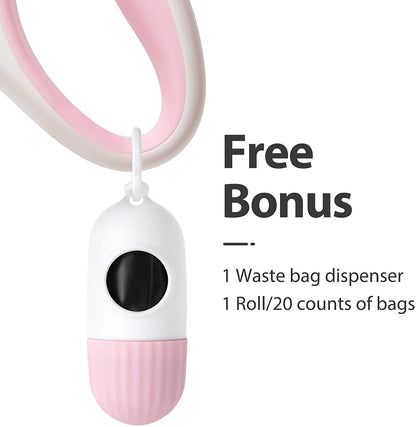 Retractable 10ft Dog Leash with Integrated Dispenser and Poop Bags in White and Pink