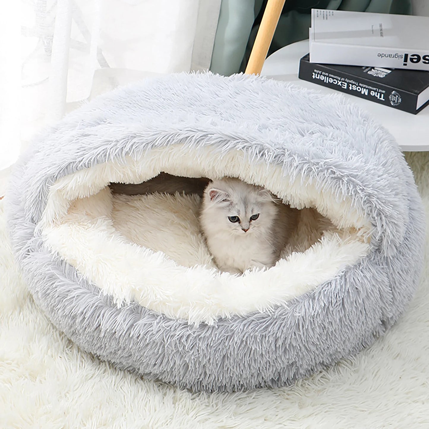 Premium Calming Pet Beds and Hooded Cat Cave with Removable Washable Cover, Round Anti-Slip Faux Fur Bed for Small to Medium Pets, Supports Up to 11 lbs for Enhanced Sleep Comfort