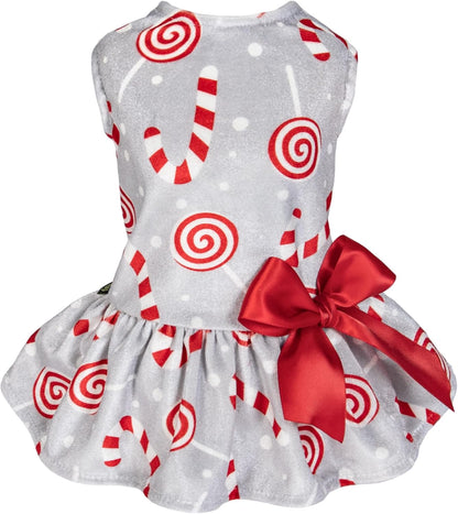 Christmas Candy Canes Dog Dress, Cute Dog Christmas Outfit, Doggy Clothes for Small Dogs Girl, Pet Apparel, Silver, Red, White, Medium