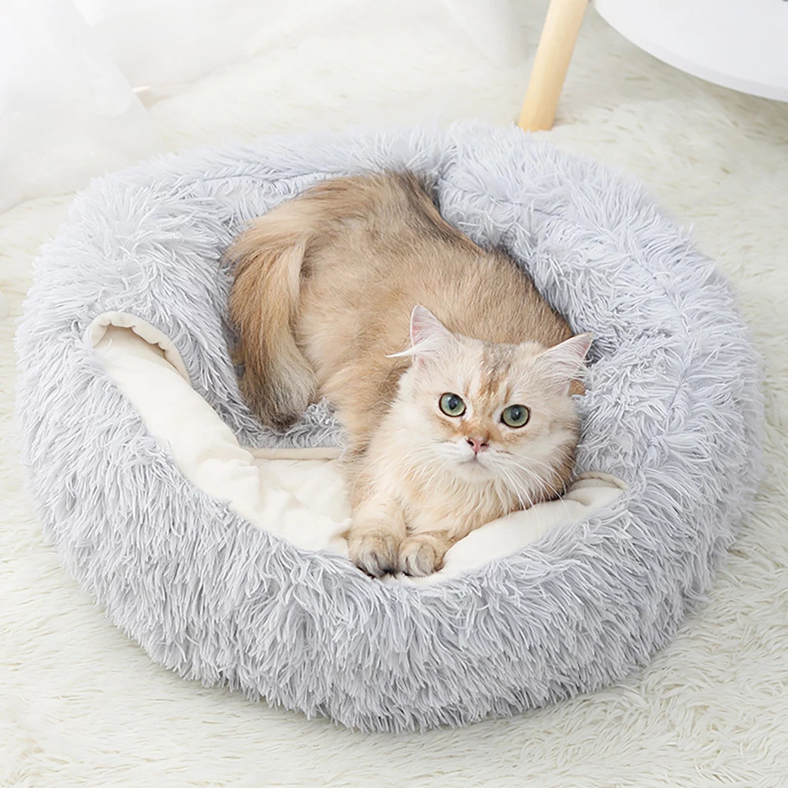 Premium Calming Pet Beds and Hooded Cat Cave with Removable Washable Cover, Round Anti-Slip Faux Fur Bed for Small to Medium Pets, Supports Up to 11 lbs for Enhanced Sleep Comfort