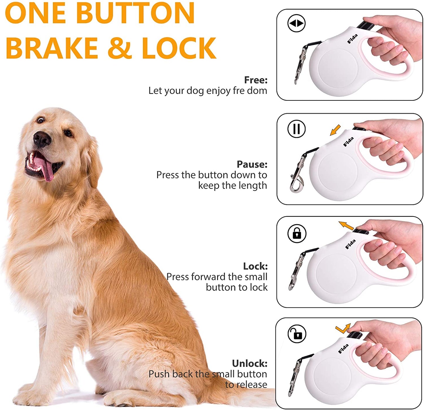 Retractable 10ft Dog Leash with Integrated Dispenser and Poop Bags in White and Pink