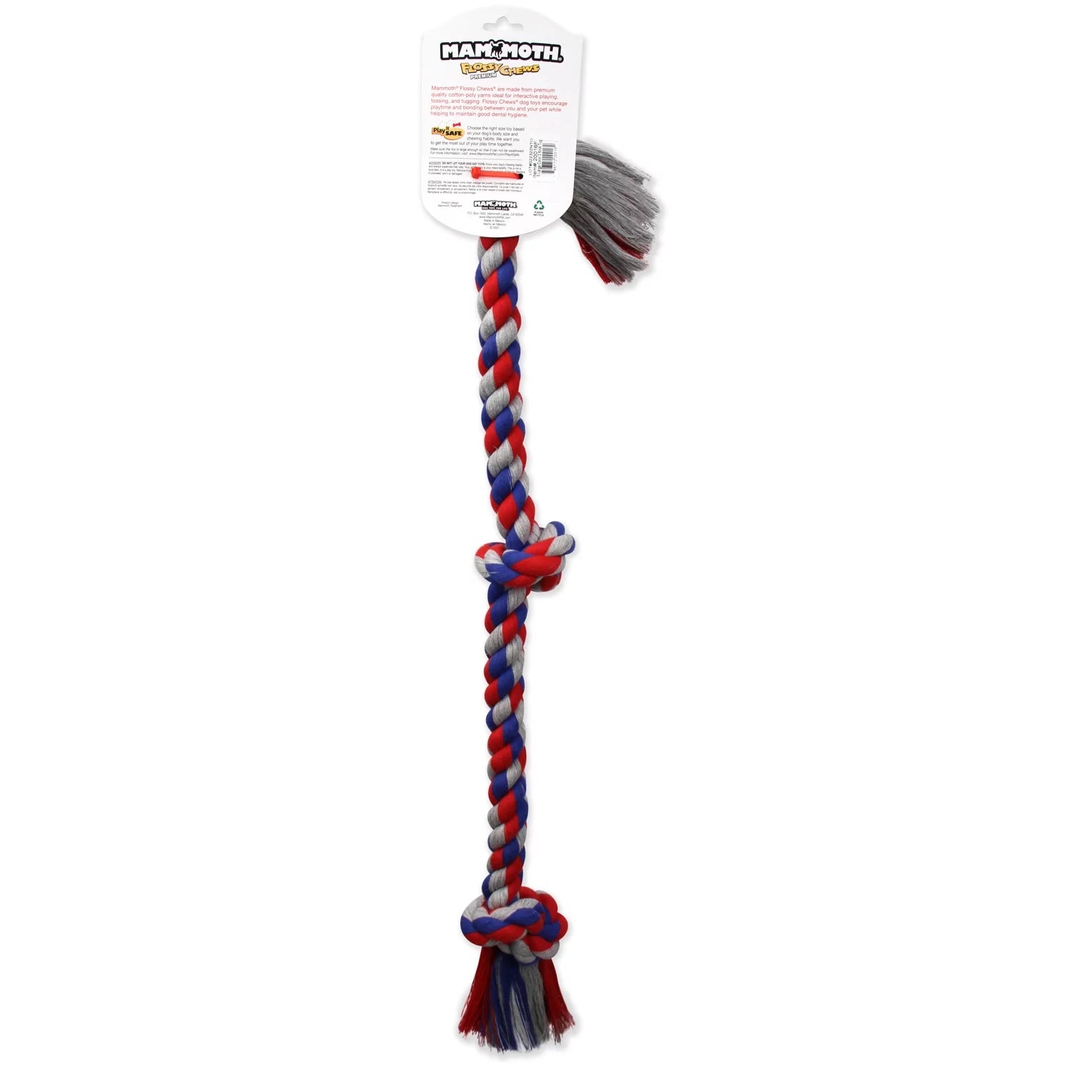 Flossy Chews Extra-Large Cotton Blend 3-Knot Tug Rope Dog Toy, 36 Inches, Assorted Colors
