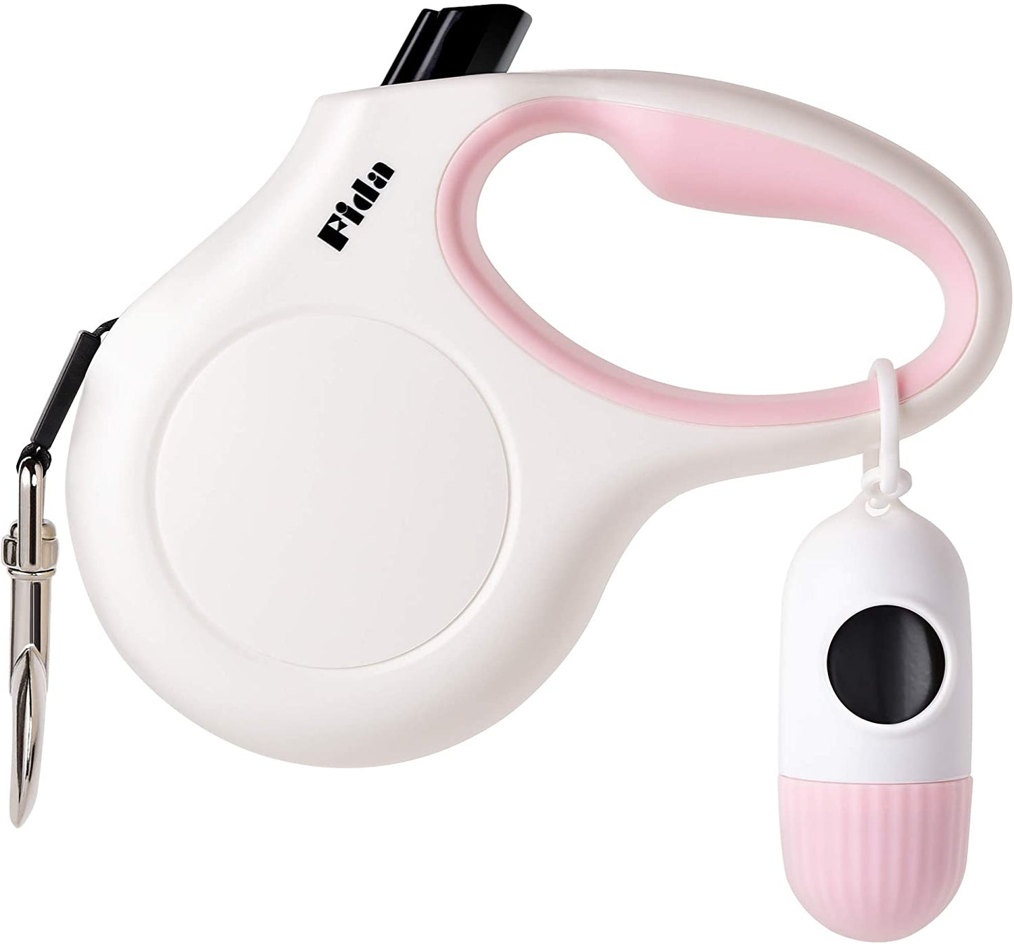 Retractable 10ft Dog Leash with Integrated Dispenser and Poop Bags in White and Pink