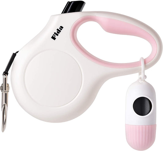 Retractable 10ft Dog Leash with Integrated Dispenser and Poop Bags in White and Pink