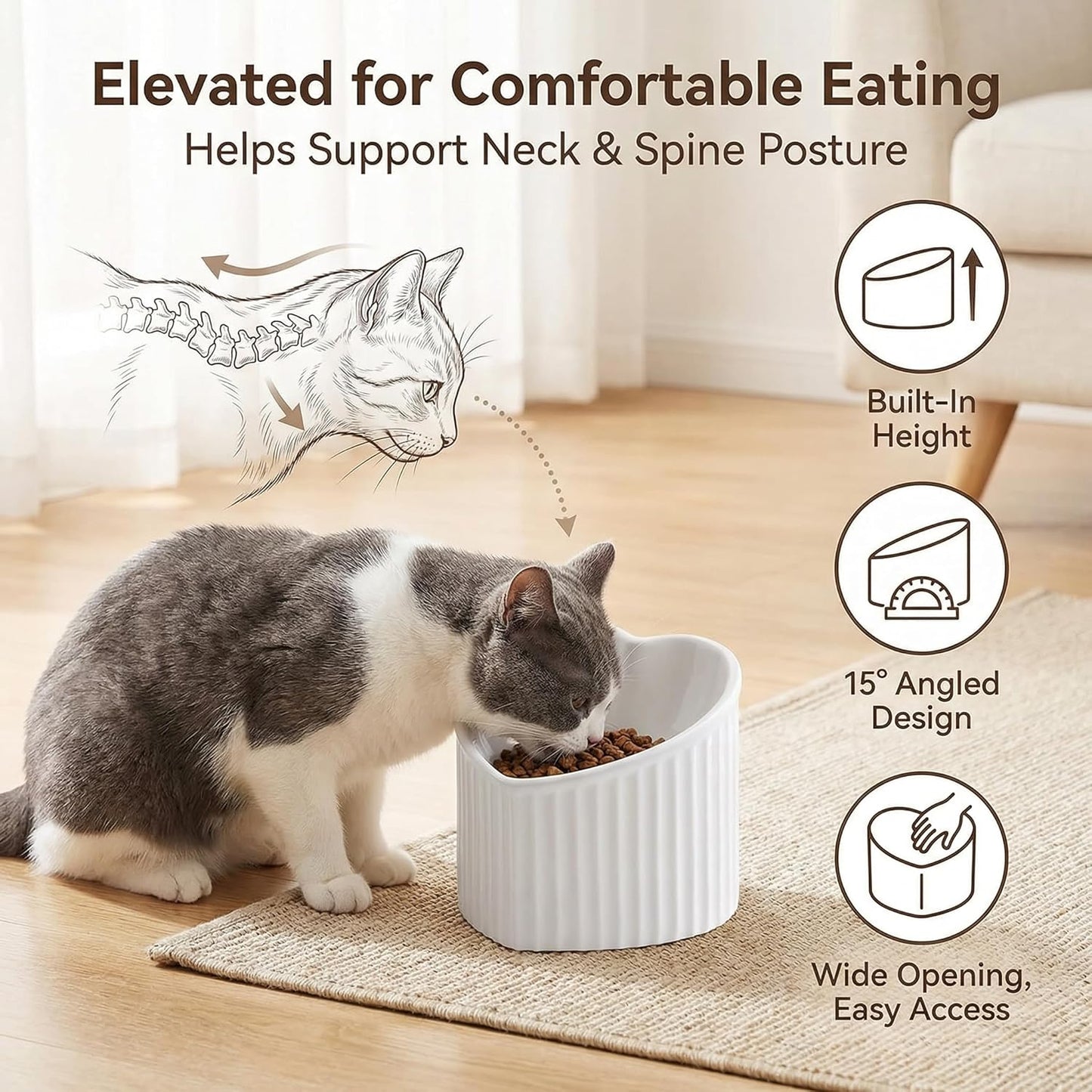 Dark Green Ceramic Elevated Cat Bowls for Food and Water, Stress-Free Design with Backflow Prevention, Dishwasher and Microwave Safe, Lead and Cadmium Free