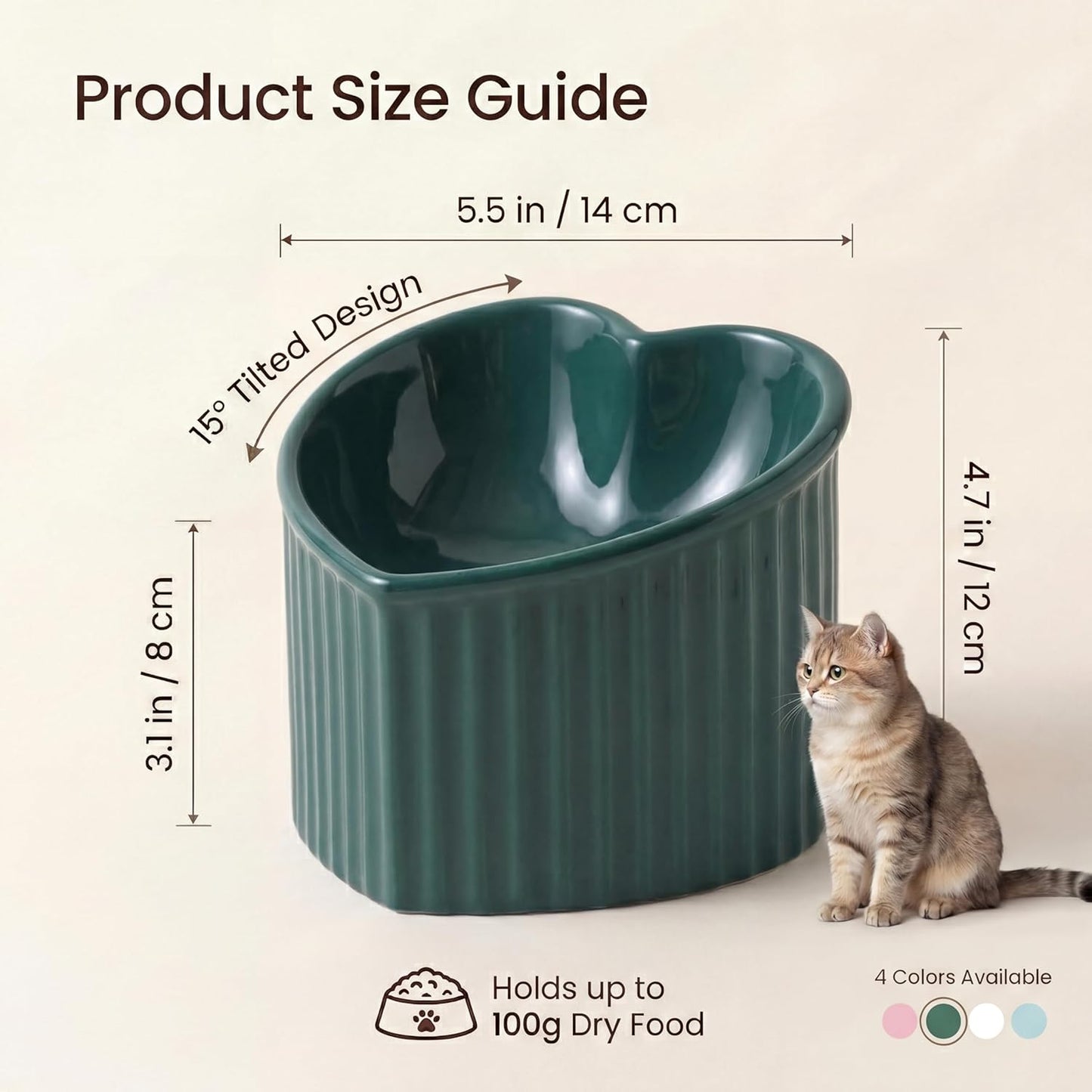 Dark Green Ceramic Elevated Cat Bowls for Food and Water, Stress-Free Design with Backflow Prevention, Dishwasher and Microwave Safe, Lead and Cadmium Free