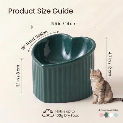 Dark Green Ceramic Elevated Cat Bowls for Food and Water, Stress-Free Design with Backflow Prevention, Dishwasher and Microwave Safe, Lead and Cadmium Free