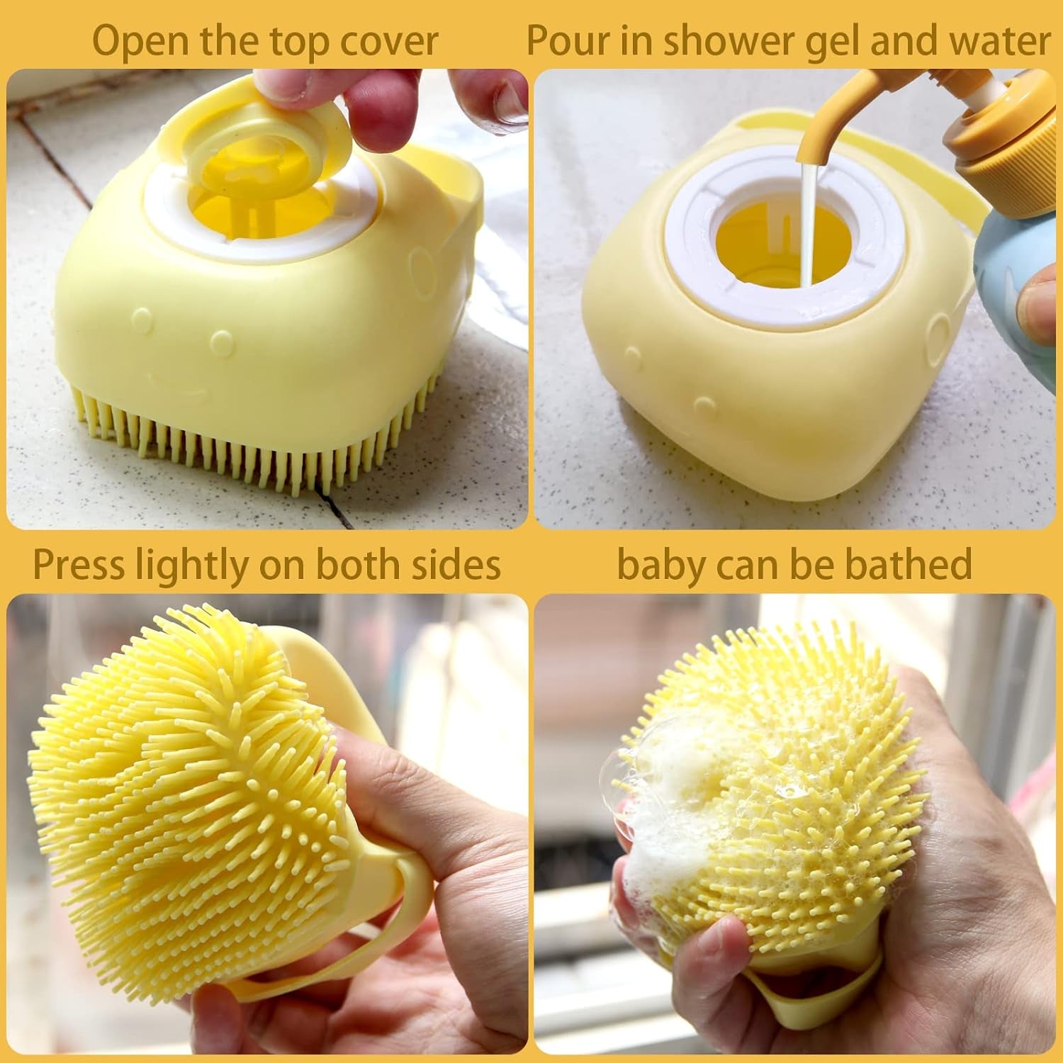 Pet Bath Brush with Integrated Shampoo Dispenser - Dog Scrubber in Yellow