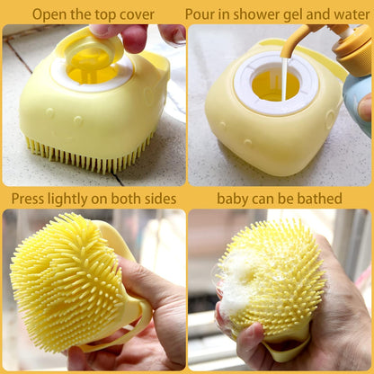 Pet Bath Brush with Integrated Shampoo Dispenser - Dog Scrubber in Yellow
