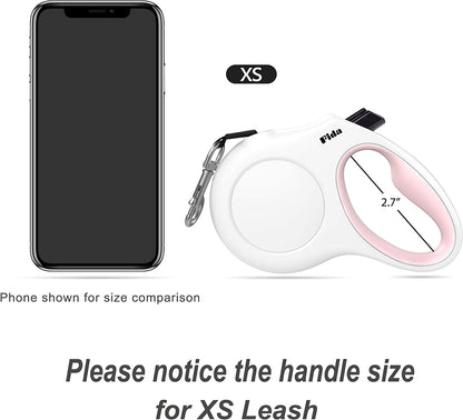 Retractable 10ft Dog Leash with Integrated Dispenser and Poop Bags in White and Pink