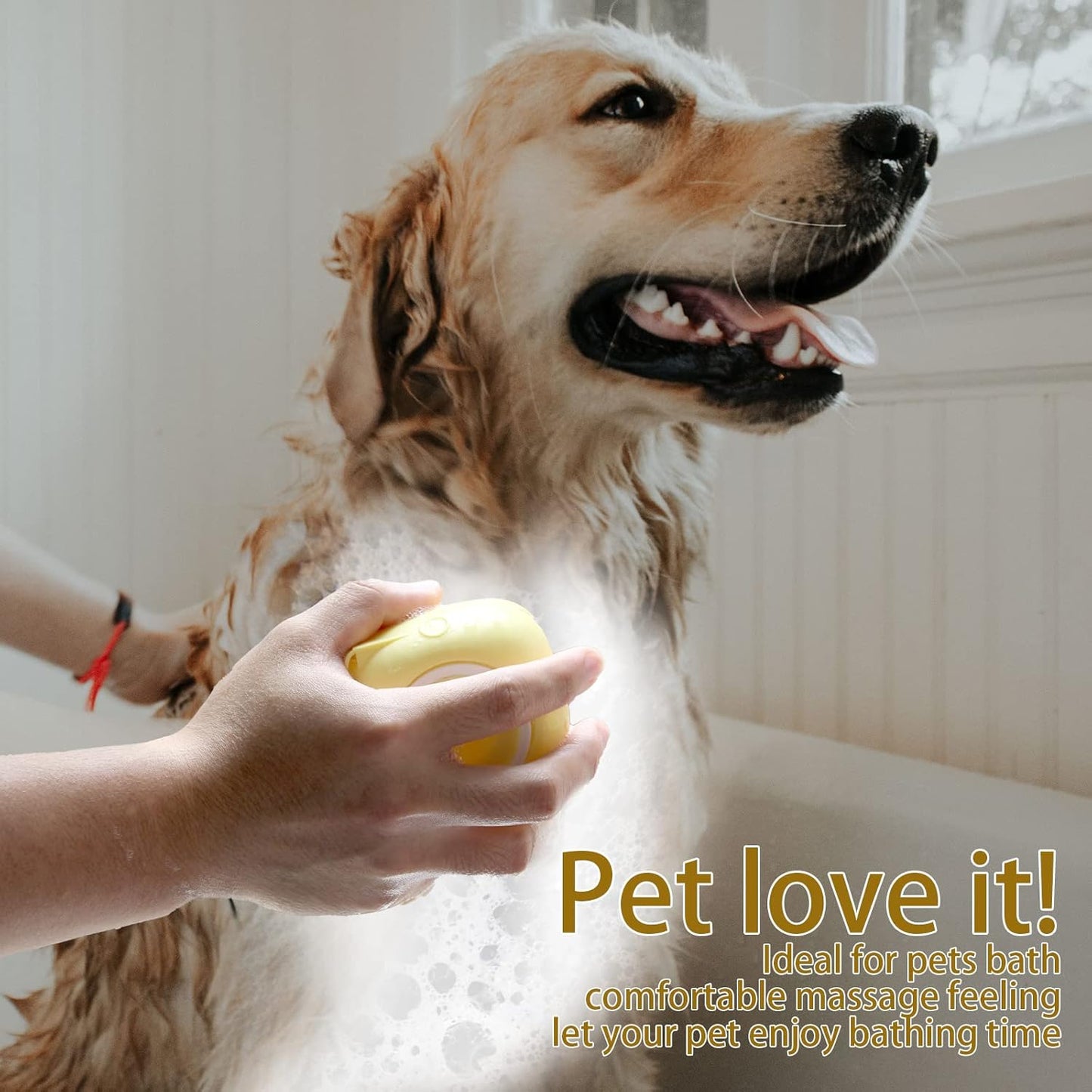 Pet Bath Brush with Integrated Shampoo Dispenser - Dog Scrubber in Yellow