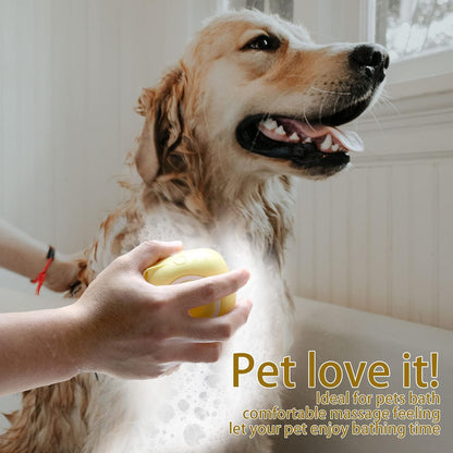 Pet Bath Brush with Integrated Shampoo Dispenser - Dog Scrubber in Yellow
