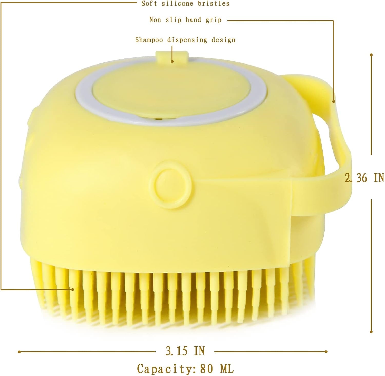 Pet Bath Brush with Integrated Shampoo Dispenser - Dog Scrubber in Yellow