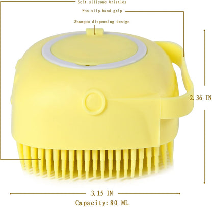 Pet Bath Brush with Integrated Shampoo Dispenser - Dog Scrubber in Yellow