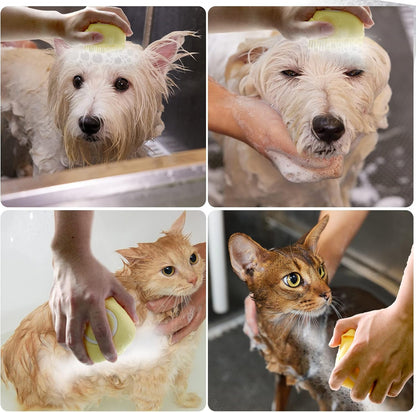 Pet Bath Brush with Integrated Shampoo Dispenser - Dog Scrubber in Yellow
