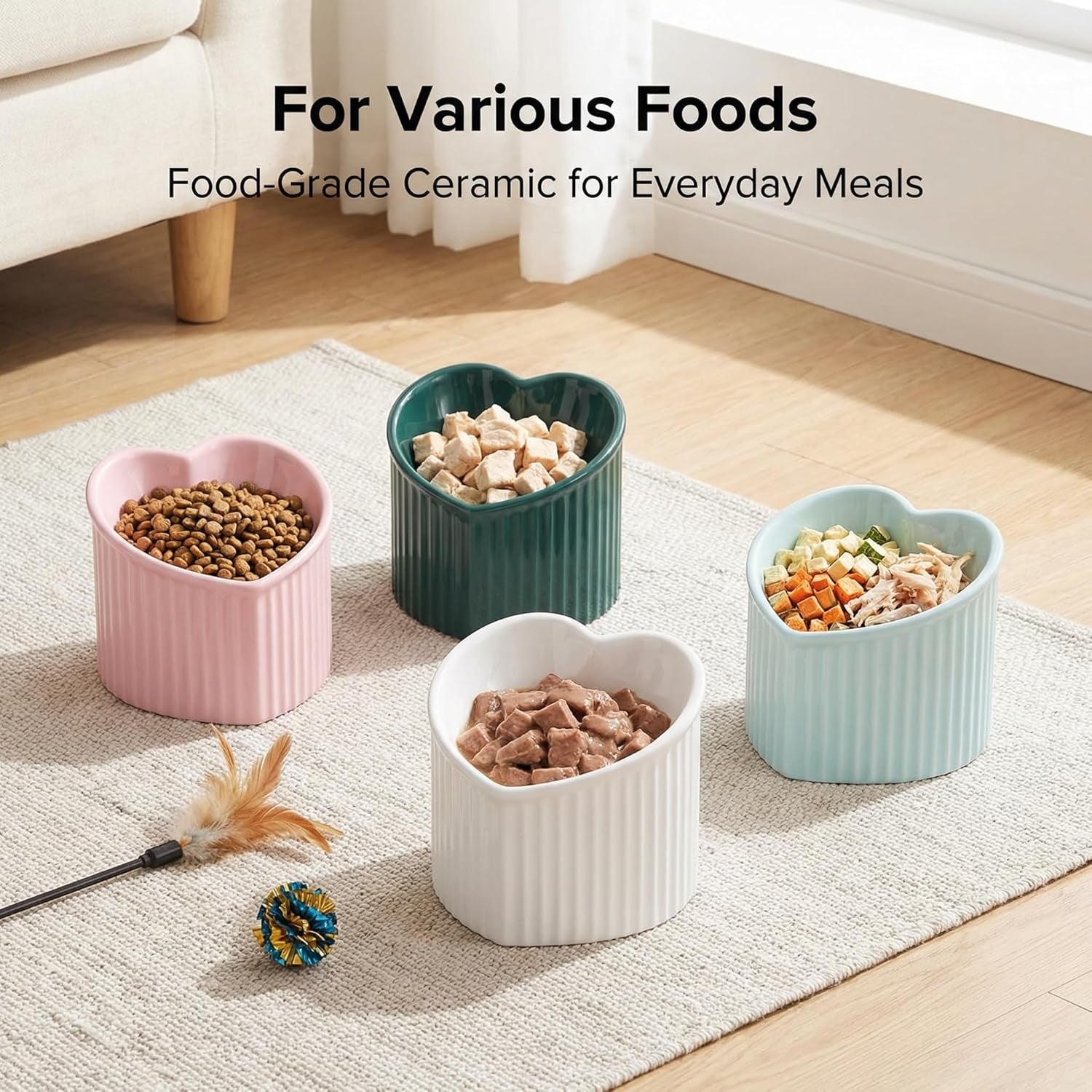 Dark Green Ceramic Elevated Cat Bowls for Food and Water, Stress-Free Design with Backflow Prevention, Dishwasher and Microwave Safe, Lead and Cadmium Free
