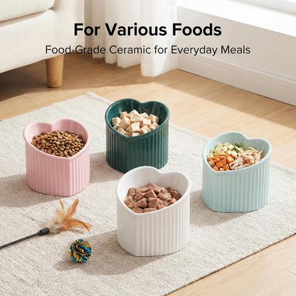 Dark Green Ceramic Elevated Cat Bowls for Food and Water, Stress-Free Design with Backflow Prevention, Dishwasher and Microwave Safe, Lead and Cadmium Free