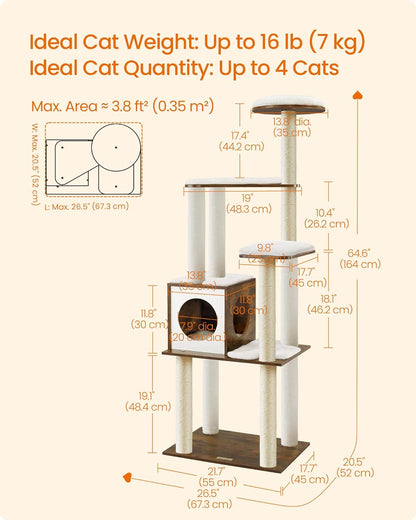64.6-Inch Multi-Level Cat Tree Tower with Five Scratching Posts