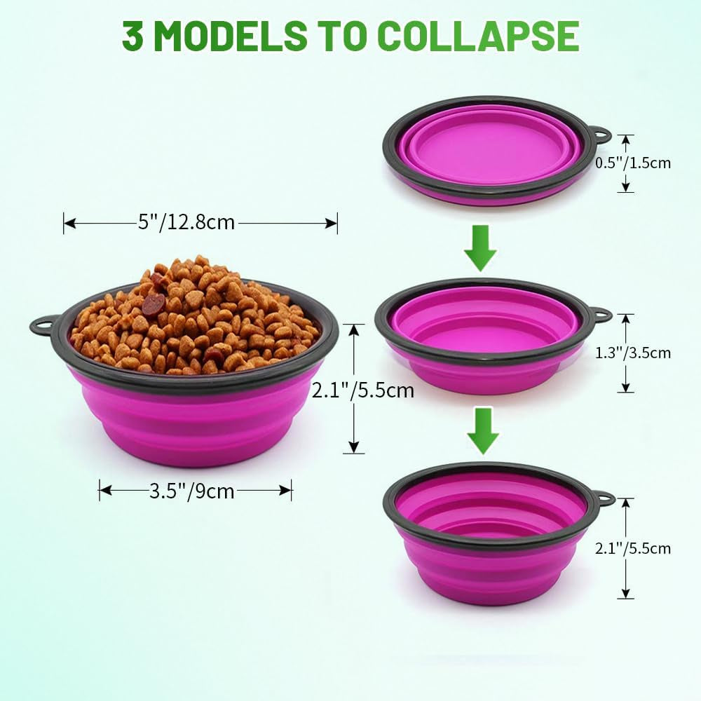 Collapsible Dog Bowls - 2-Pack Portable Pet Feeding and Watering Dishes for Cats and Dogs, Ideal for Travel and Outdoor Activities, Includes 2 Carabiners (Small, Green & Purple)