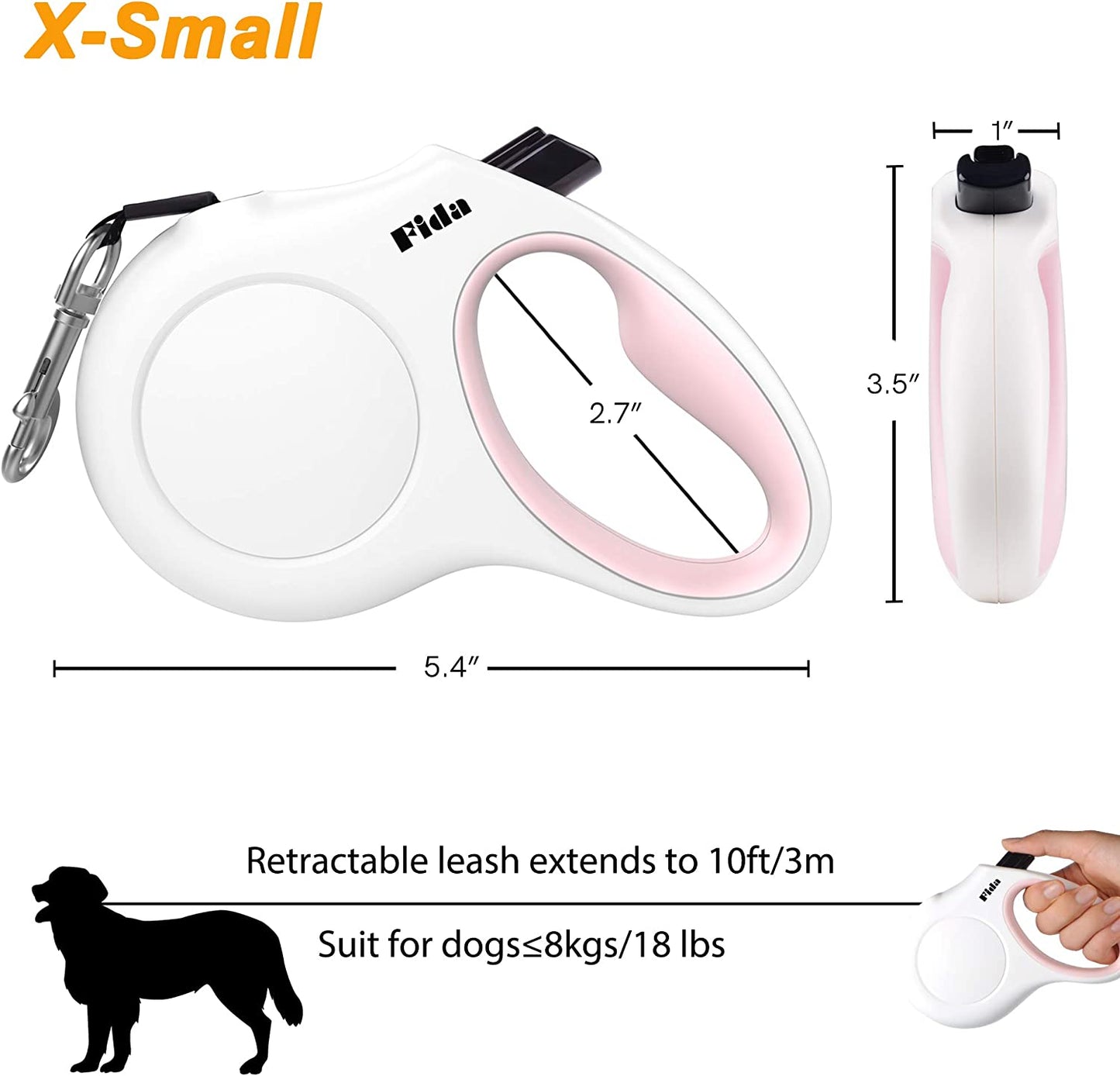 Retractable 10ft Dog Leash with Integrated Dispenser and Poop Bags in White and Pink