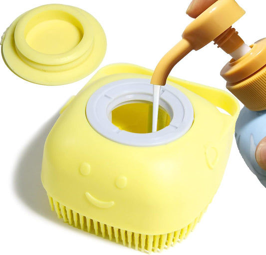 Pet Bath Brush with Integrated Shampoo Dispenser - Dog Scrubber in Yellow