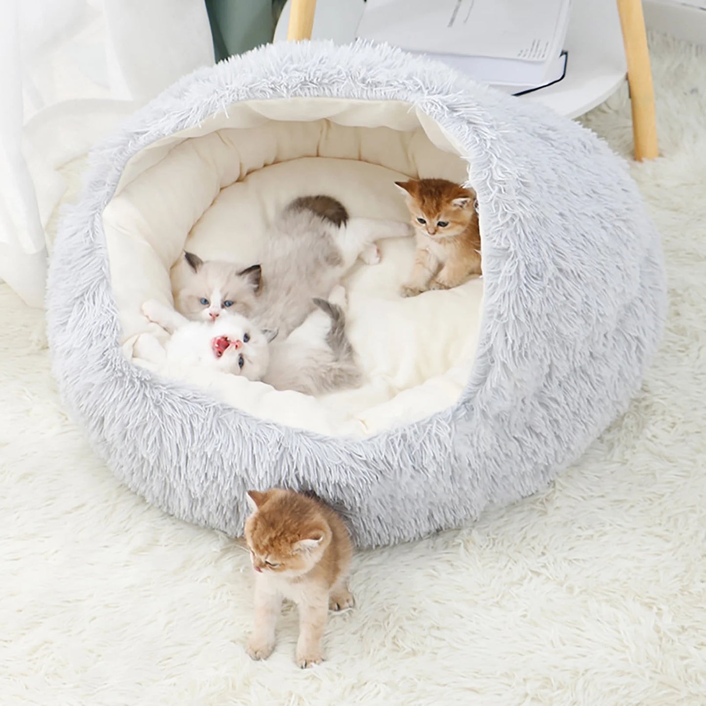 Premium Calming Pet Beds and Hooded Cat Cave with Removable Washable Cover, Round Anti-Slip Faux Fur Bed for Small to Medium Pets, Supports Up to 11 lbs for Enhanced Sleep Comfort