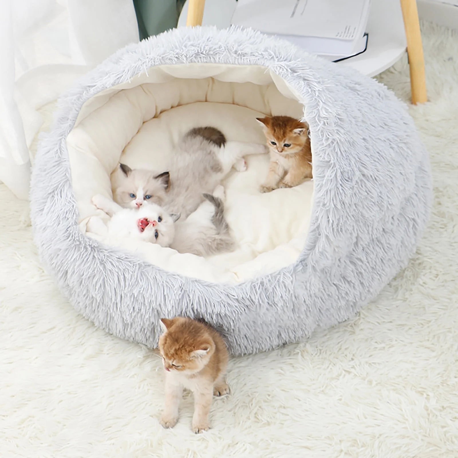 Premium Calming Pet Beds and Hooded Cat Cave with Removable Washable Cover, Round Anti-Slip Faux Fur Bed for Small to Medium Pets, Supports Up to 11 lbs for Enhanced Sleep Comfort