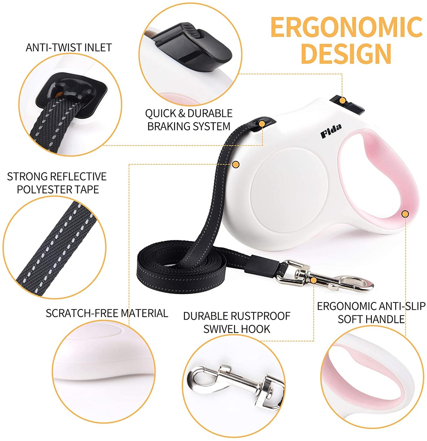 Retractable 10ft Dog Leash with Integrated Dispenser and Poop Bags in White and Pink