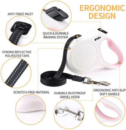 Retractable 10ft Dog Leash with Integrated Dispenser and Poop Bags in White and Pink
