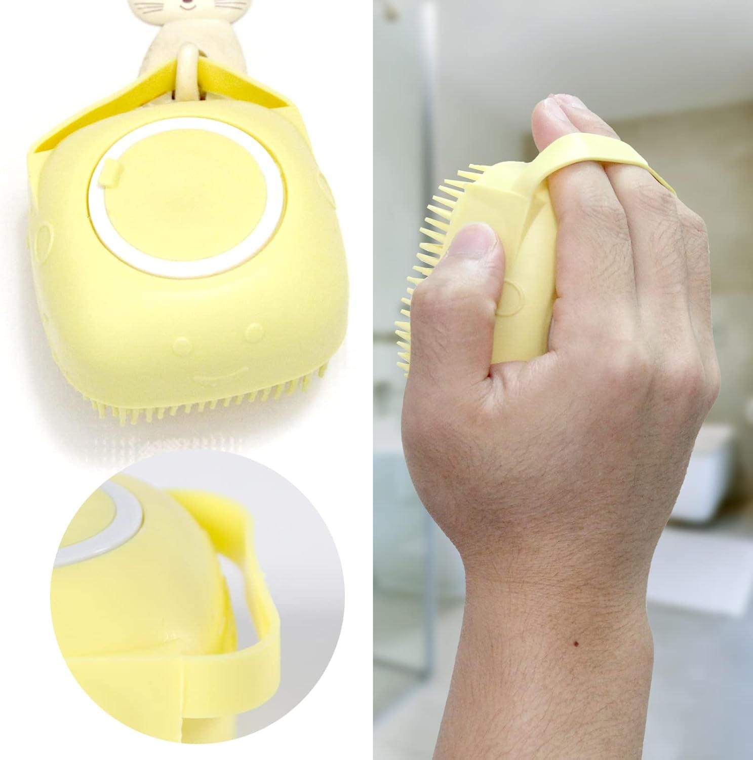Pet Bath Brush with Integrated Shampoo Dispenser - Dog Scrubber in Yellow