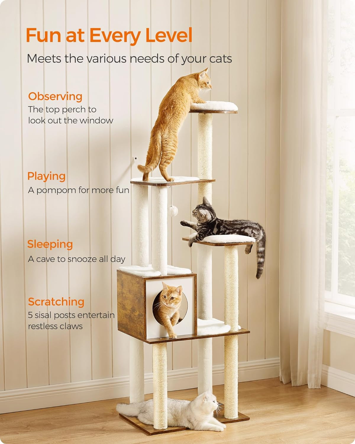 64.6-Inch Multi-Level Cat Tree Tower with Five Scratching Posts