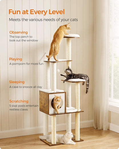 64.6-Inch Multi-Level Cat Tree Tower with Five Scratching Posts